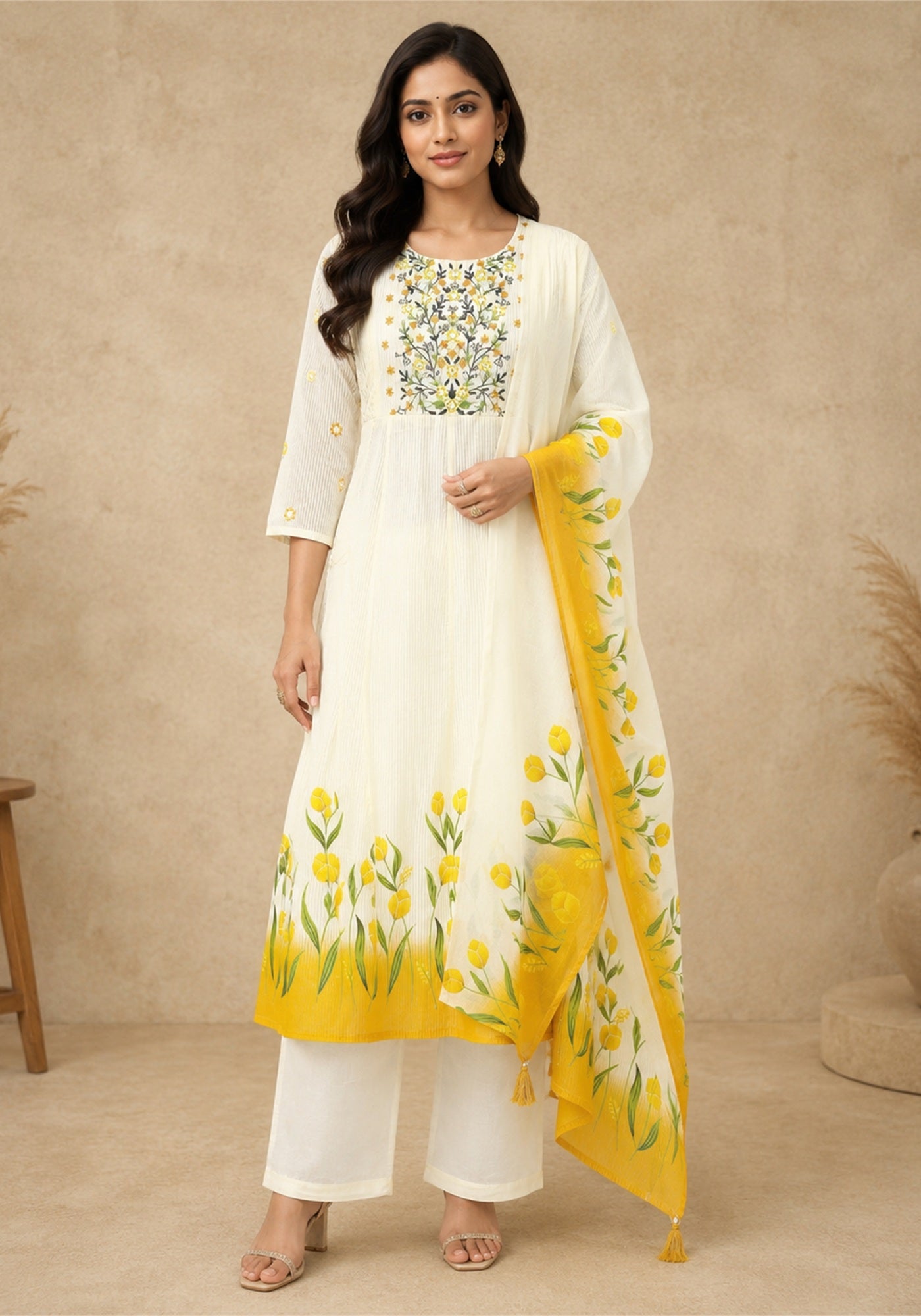 Ivory Mustard Yellow Cotton Floral Embroidered Kurta Pant Set with Dupatta - Ivory White with Mustard Yellow - view 1